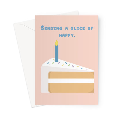 Sending a slice of happy birthday card with illustrated cake slice and candle on a pastel pink background
