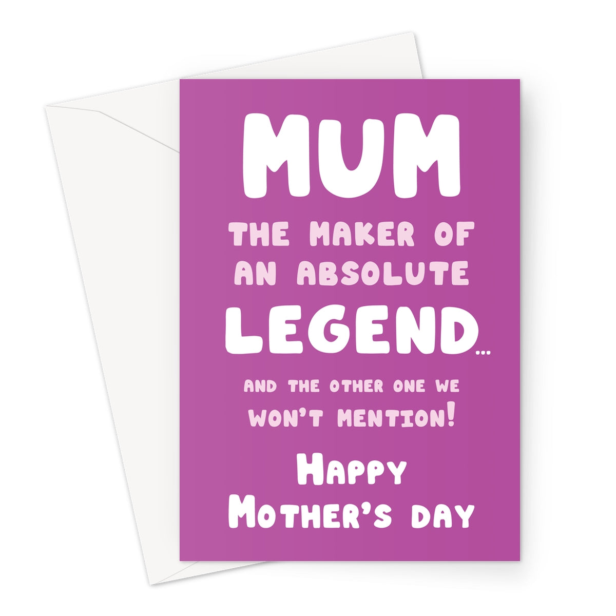 Funny Mother’s Day card with bold white text on a purple background celebrating mum as a legend maker