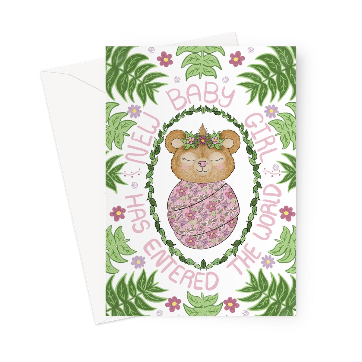 New baby girl card with hand-drawn baby bear wrapped in pink floral swaddle, surrounded by green leaves and flowers. Text reads “New Baby Girl Has Entered the World.”