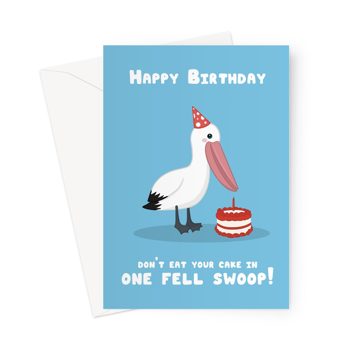 Birthday card with a pelican and cake illustration on a blue background