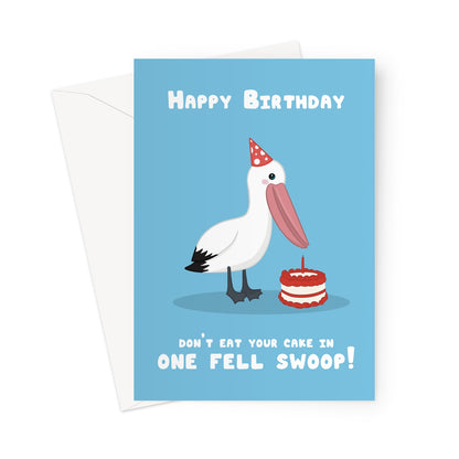 Birthday card with a pelican and cake illustration on a blue background