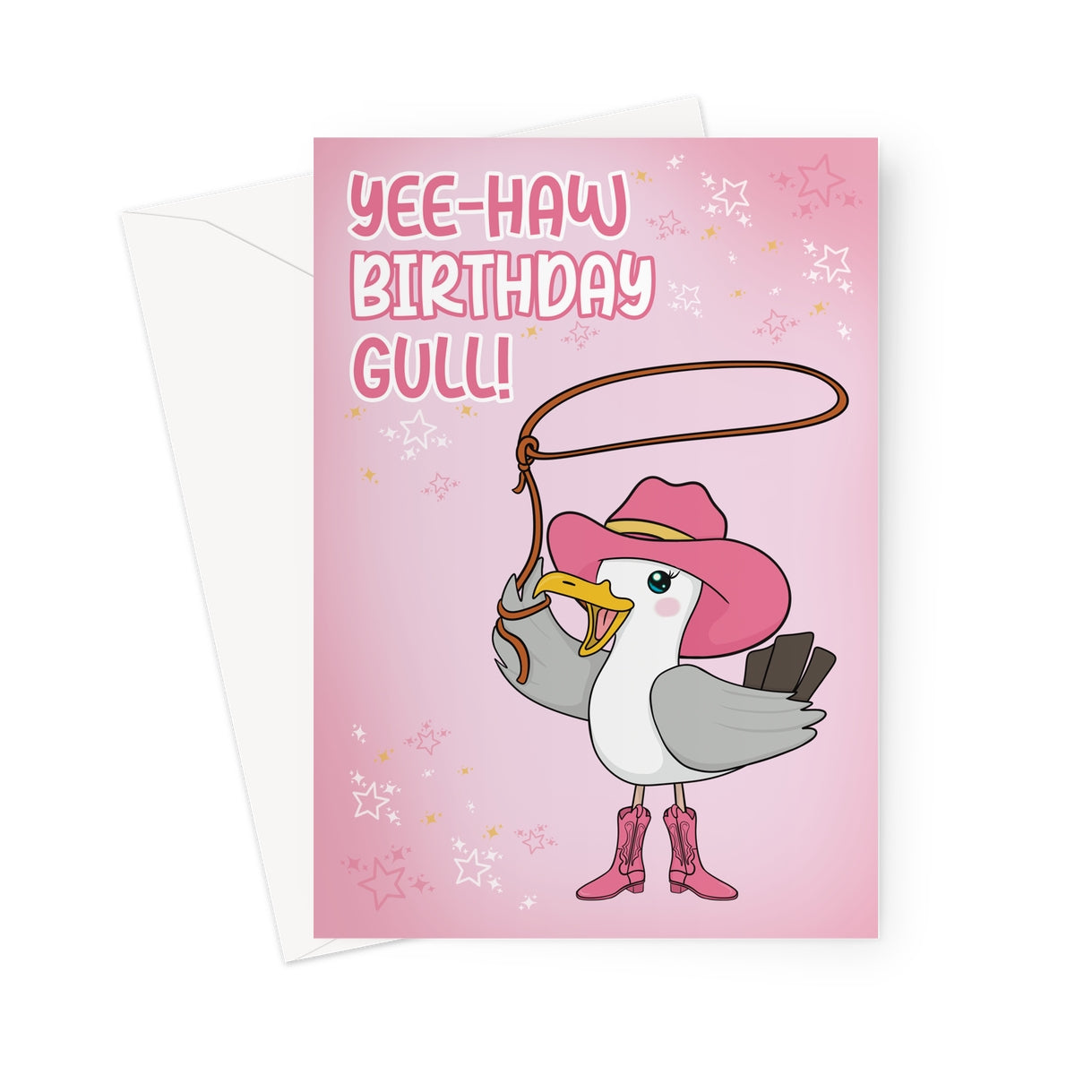 Funny birthday card with cartoon seagull wearing a pink cowboy hat and boots, holding a lasso. Text reads “Yee-Haw Birthday Gull!” on pink starry background.