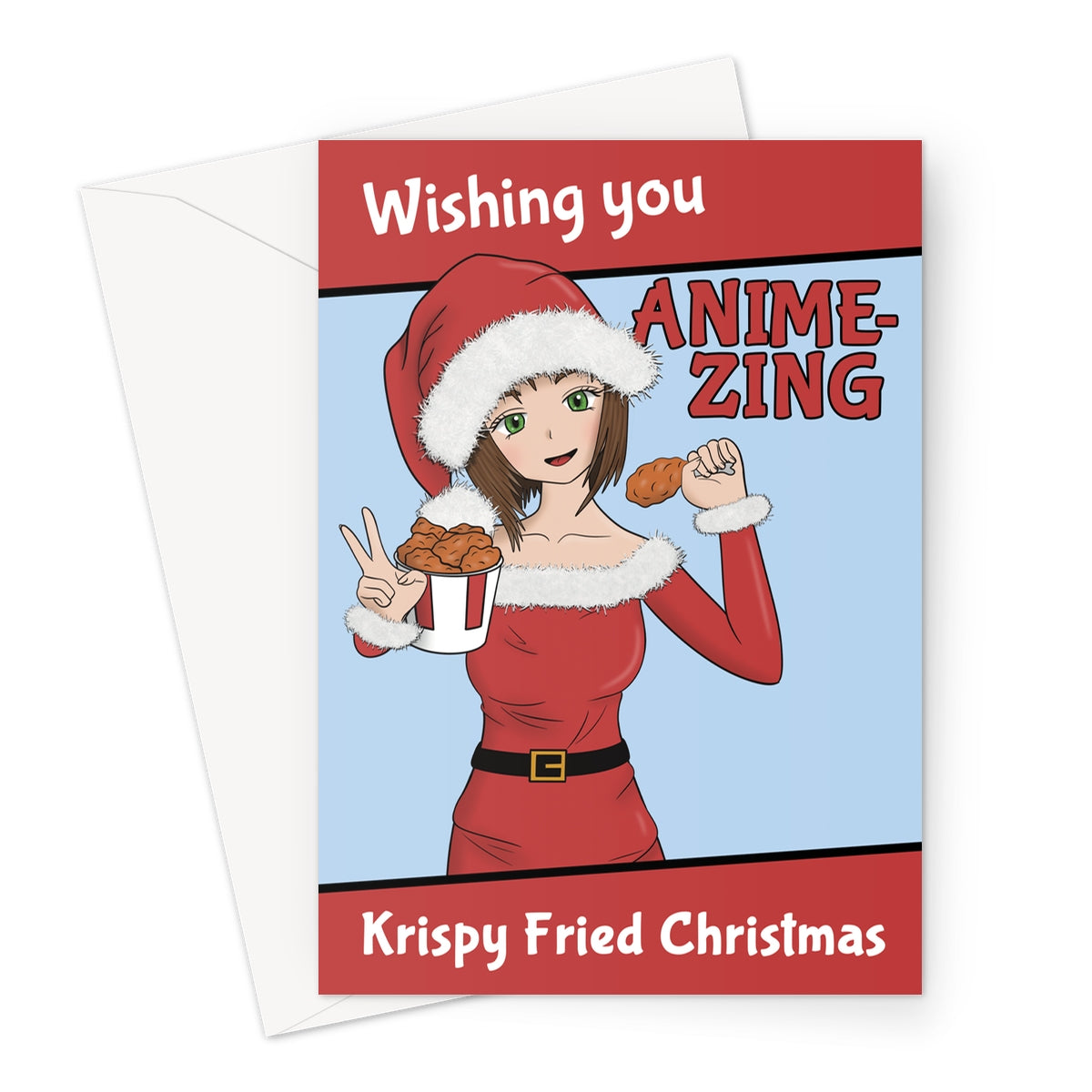 Anime Christmas card with festive girl in Santa outfit holding fried chicken and funny holiday text