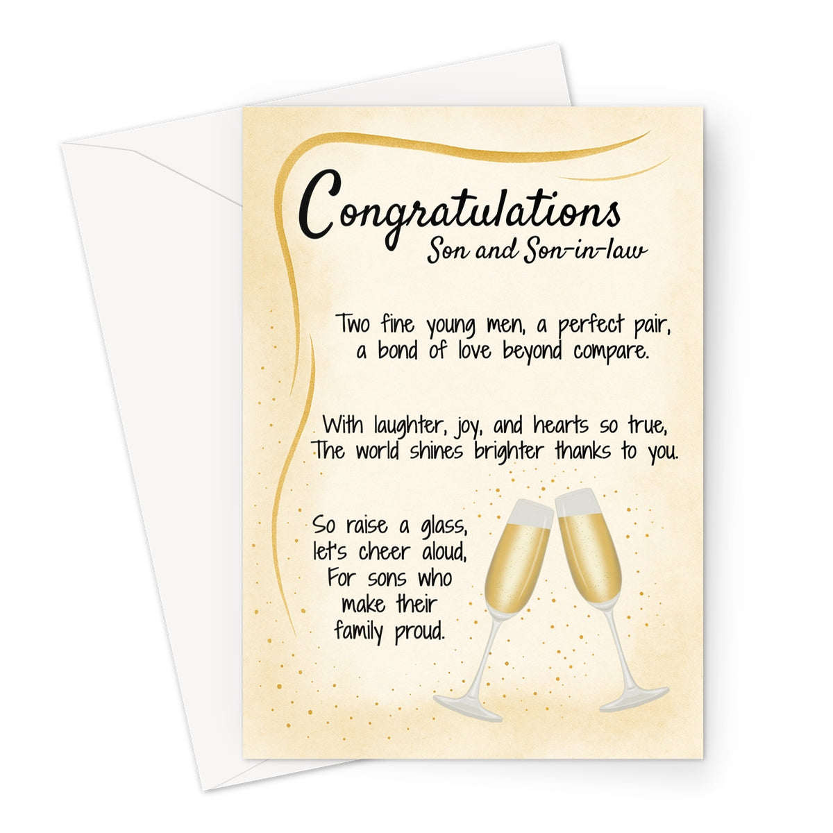 Wedding congratulations card for son and son-in-law with golden champagne glasses and heartfelt poem. Inclusive LGBTQ+ wedding card with elegant accents.