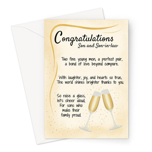 Wedding congratulations card for son and son-in-law with golden champagne glasses and heartfelt poem. Inclusive LGBTQ+ wedding card with elegant accents.