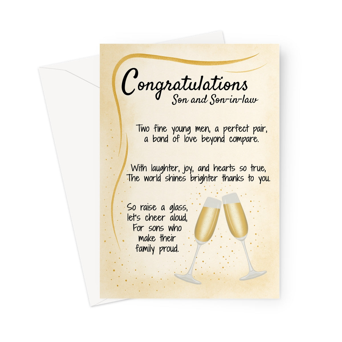 Wedding congratulations card for son and son-in-law with golden champagne glasses and heartfelt poem. Inclusive LGBTQ+ wedding card with elegant accents.