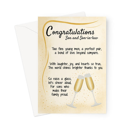 Wedding congratulations card for son and son-in-law with golden champagne glasses and heartfelt poem. Inclusive LGBTQ+ wedding card with elegant accents.