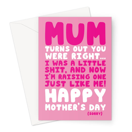 Rude funny Mother’s Day card with bold pink text and humorous message about parenting