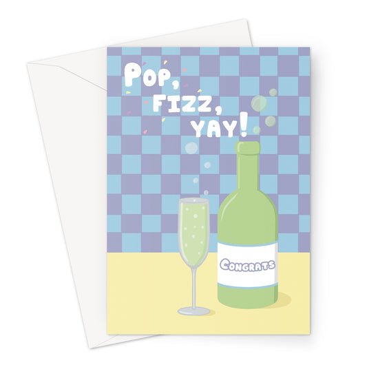 Pastel congratulations card with champagne bottle and glass illustration and the text Pop Fizz Yay