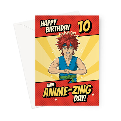 Funny anime 10th birthday card with red-haired manga character and text saying “Happy Birthday 10 – Have an Anime-zing Day!”