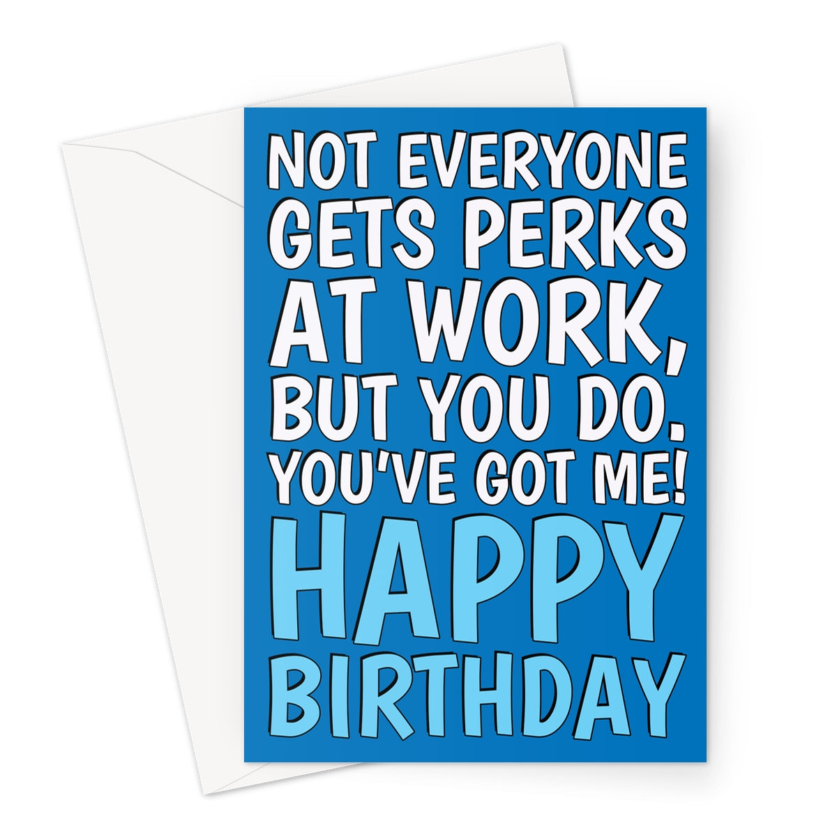 Funny work colleague birthday card with bold blue design and office humour text