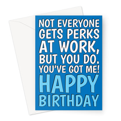 Funny work colleague birthday card with bold blue design and office humour text