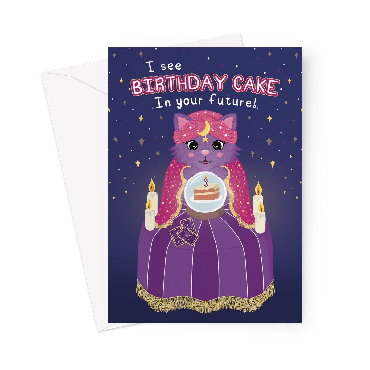 Cute fortune teller cat birthday card with crystal ball and birthday cake prediction on starry night background