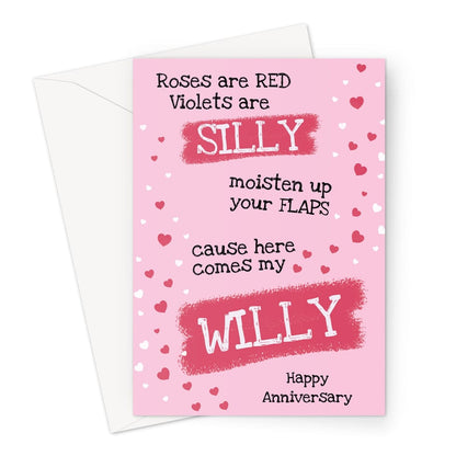 Funny rude anniversary card for her with naughty love poem, perfect for wife or girlfriend, pink background with hearts