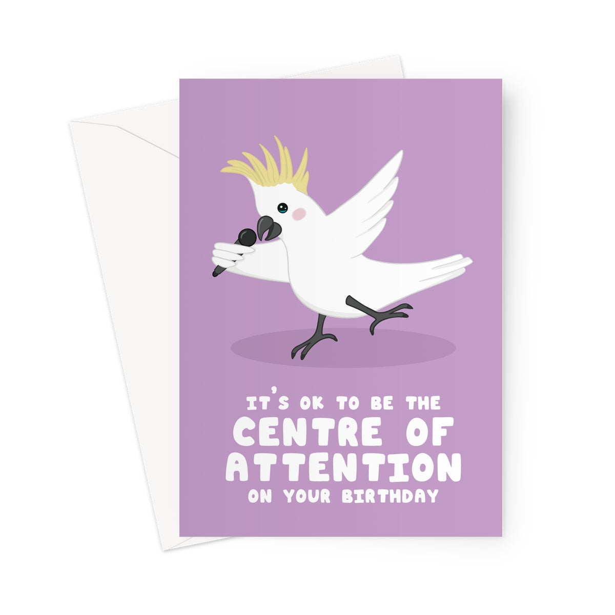 Greeting card with a cartoon cockatoo and birthday message on a purple background