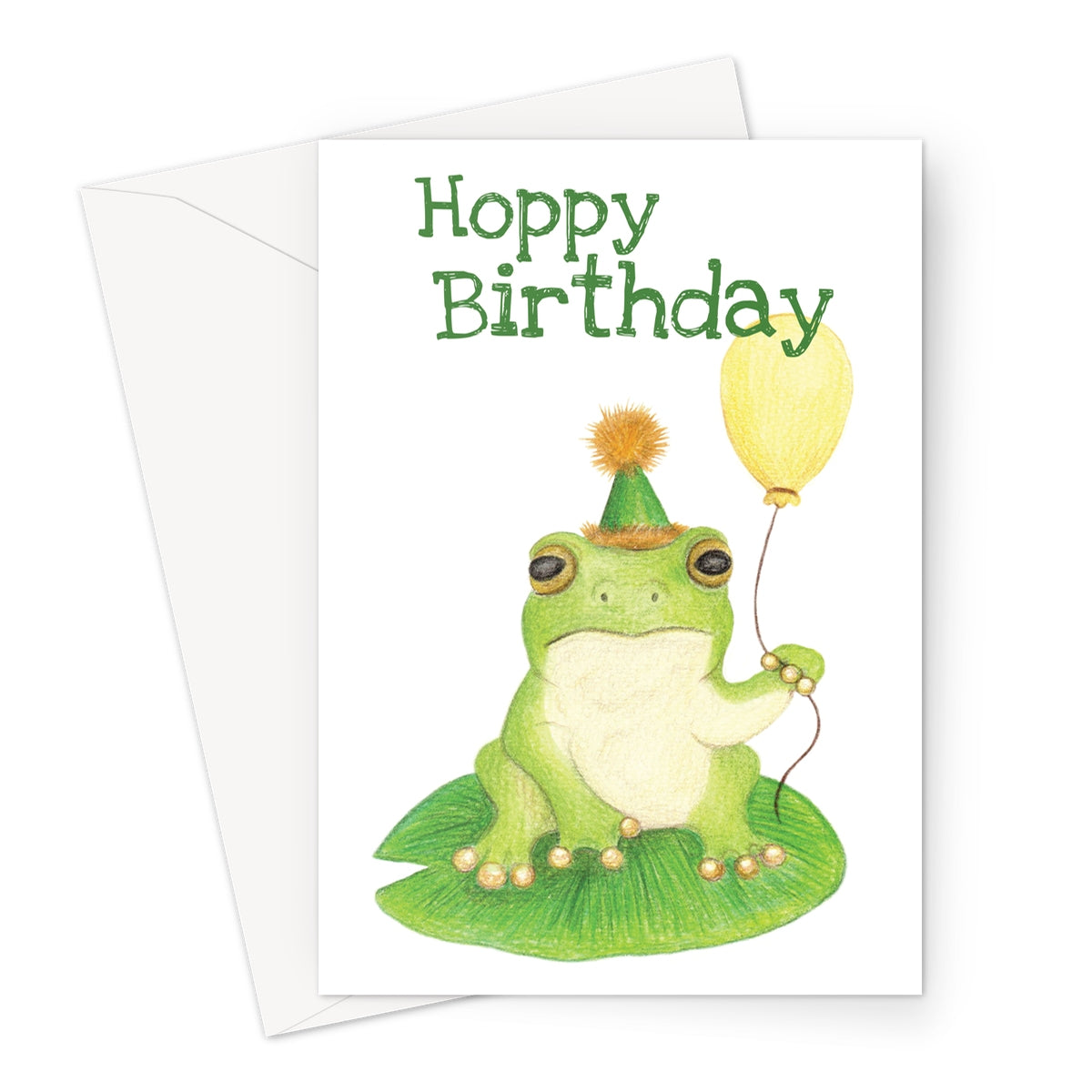 Funny frog birthday card with balloon and “Hoppy Birthday” pun