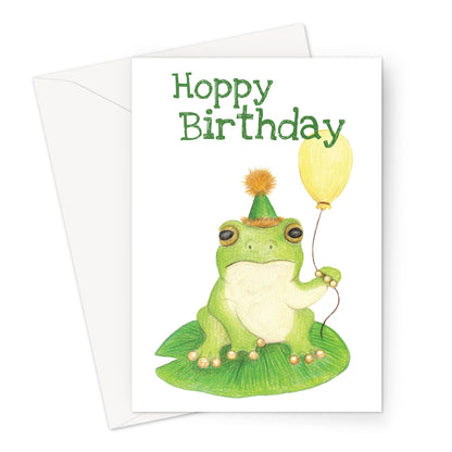 Funny frog birthday card with balloon and “Hoppy Birthday” pun