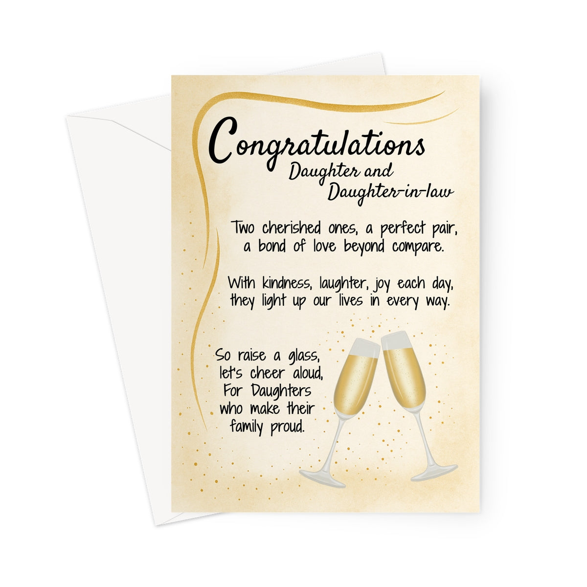 Wedding congratulations card for daughter and daughter-in-law with golden champagne glasses and heartfelt poem. Inclusive LGBTQ+ wedding card with elegant accents.