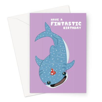 Cute whale shark birthday card wearing a party hat with fintastic birthday message on purple background