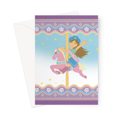 Cute girls birthday card showing a birthday girl riding a pastel carousel horse with sparkles and decorative borders