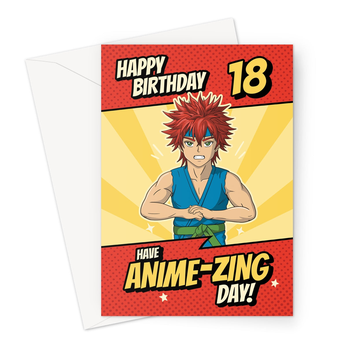 Funny anime 18th birthday card with red-haired manga character and text saying “Happy Birthday 18 – Have an Anime-zing Day!”