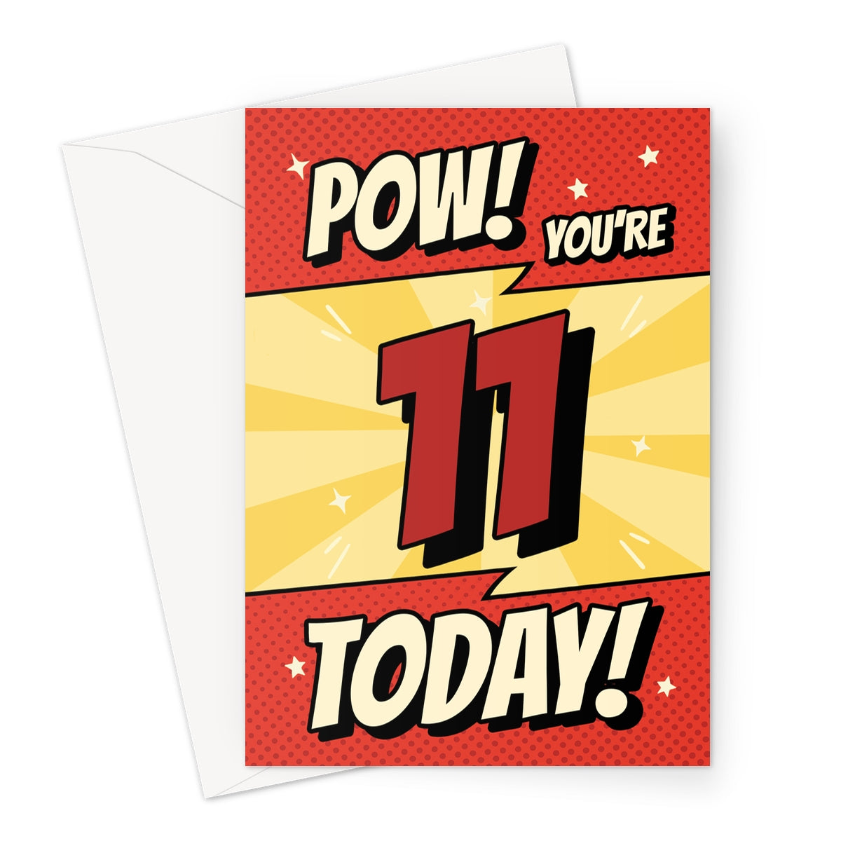 Comic book 11th birthday card with red and yellow “POW! You’re 11 Today!” superhero design
