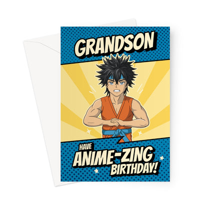 Grandson anime birthday card with anime-style character and anime-zing birthday message in comic book style
