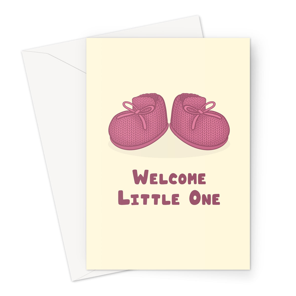 Welcome little one greeting card with illustrated pink knitted baby booties on a cream background