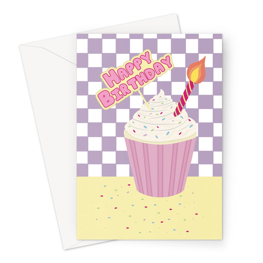 Cute pastel birthday card with cupcake illustration and lit candle on a purple checkered background