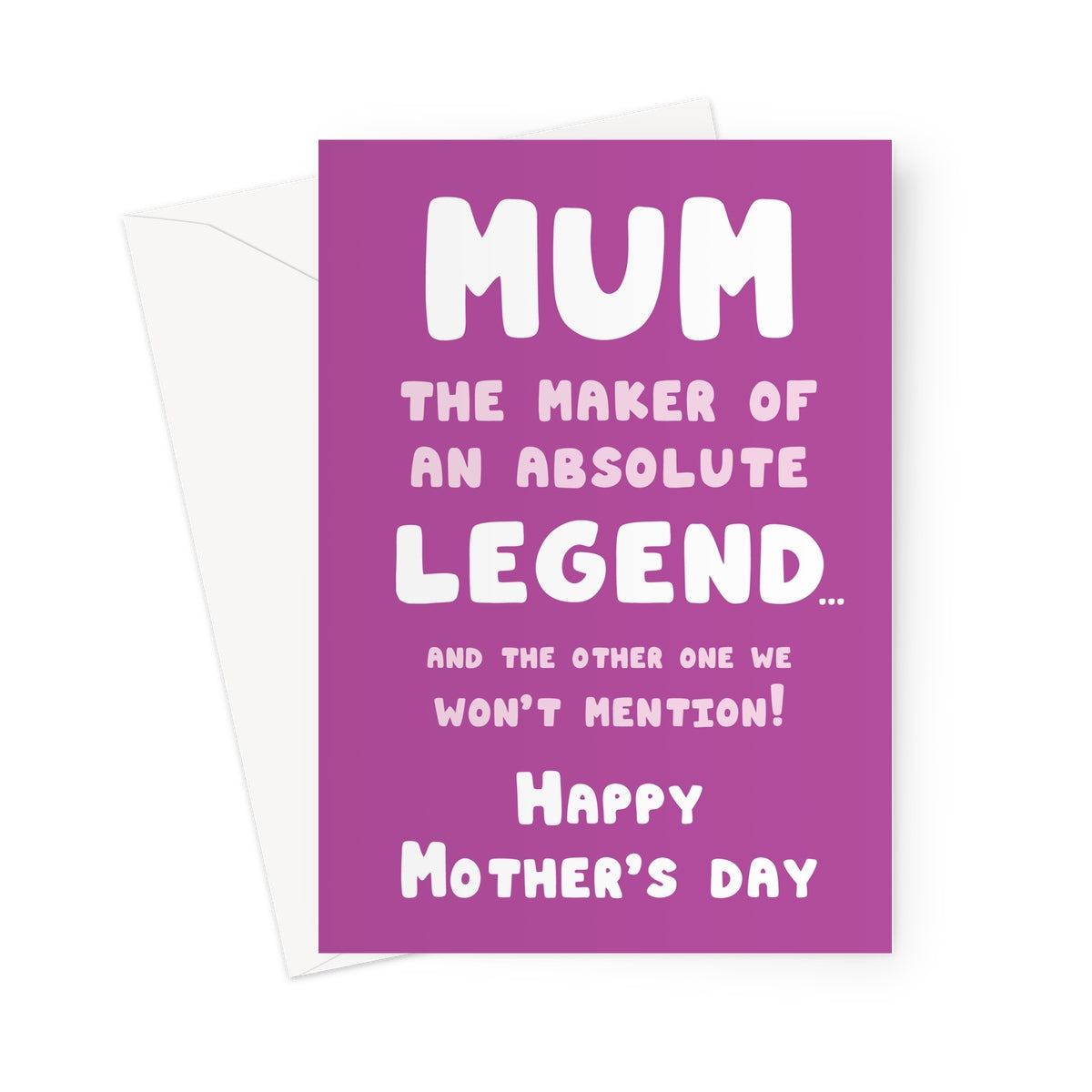 Funny Mother’s Day card with bold white text on a purple background celebrating mum as a legend maker