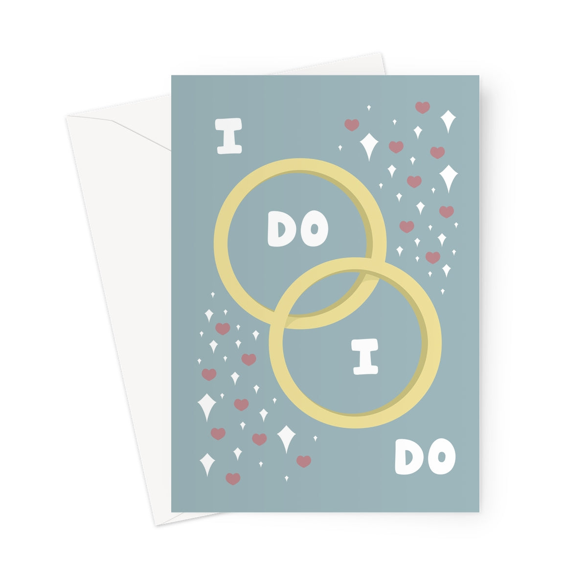 I do i do greeting card with interlinked gold rings, hearts and sparkles on a blue background
