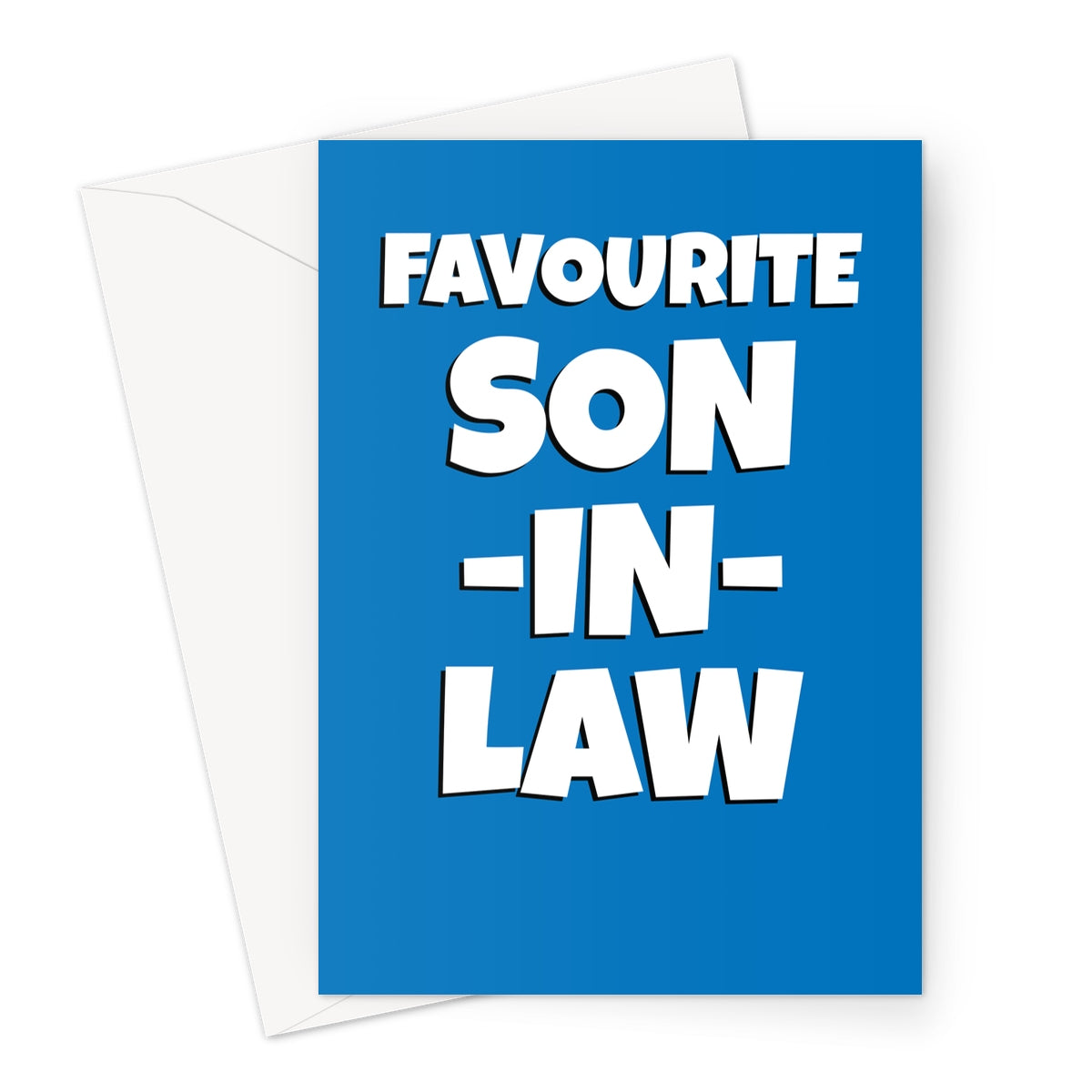 funny favourite son in law card with bold blue typography design
