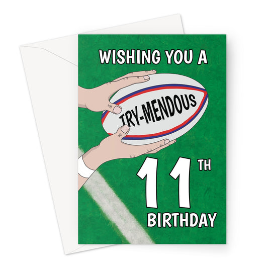 11th rugby birthday card with try-mendous pun and rugby ball on green pitch background