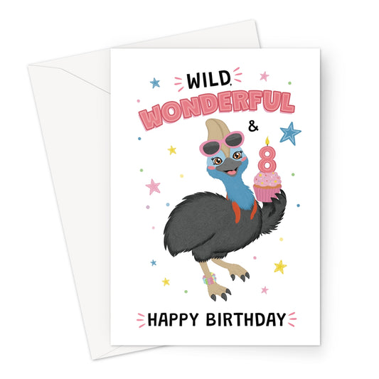 8th birthday cassowary card with sunglasses cupcake and wild wonderful birthday message