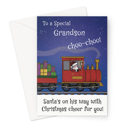 Christmas card for grandson with Santa riding a red train under snowy skies, pulling a wagon of presents. Text reads “To a Special Grandson Choo-Choo! Santa’s on his way with Christmas cheer for you.”