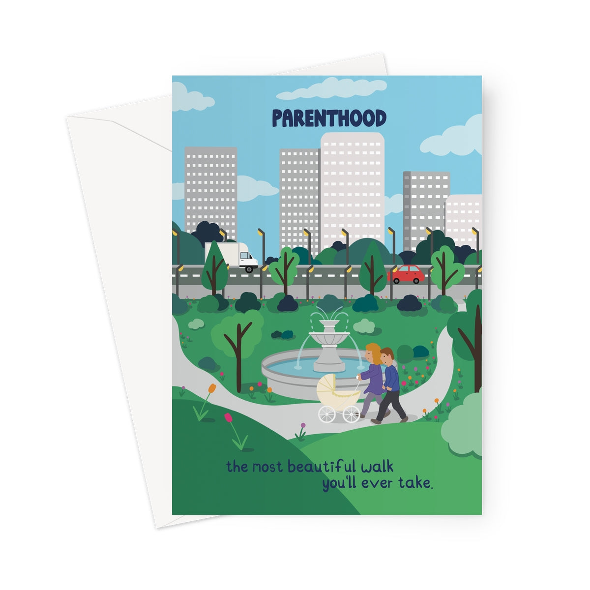 Illustrated card of new parents pushing a pram through a park with a fountain, city buildings in the background, titled “Parenthood”.