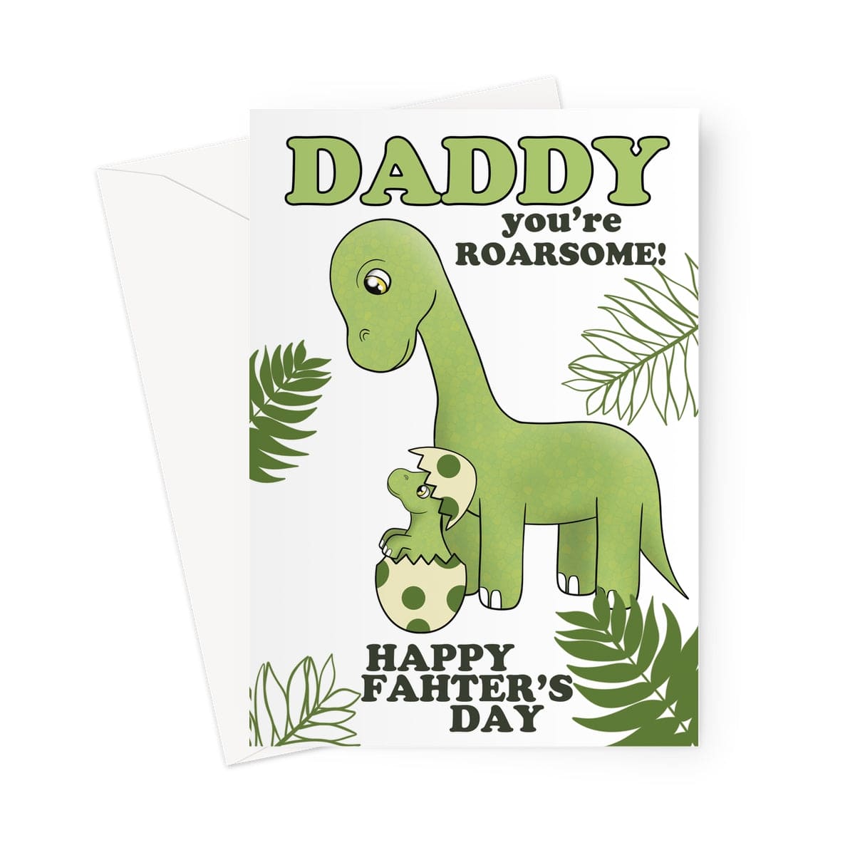 Cute dinosaur Father’s Day card for daddy with baby dinosaur hatching from egg and message “Daddy you’re roarsome! Happy Father’s Day”
