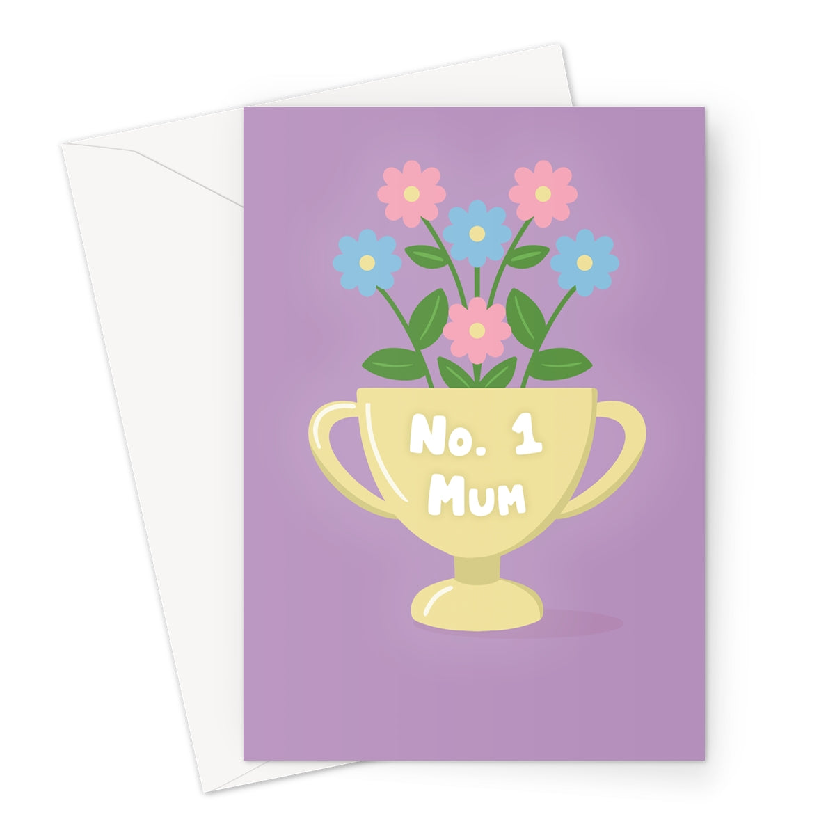 No.1 mum greeting card with illustrated trophy filled with pastel flowers on a purple background