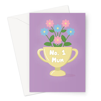 No.1 mum greeting card with illustrated trophy filled with pastel flowers on a purple background