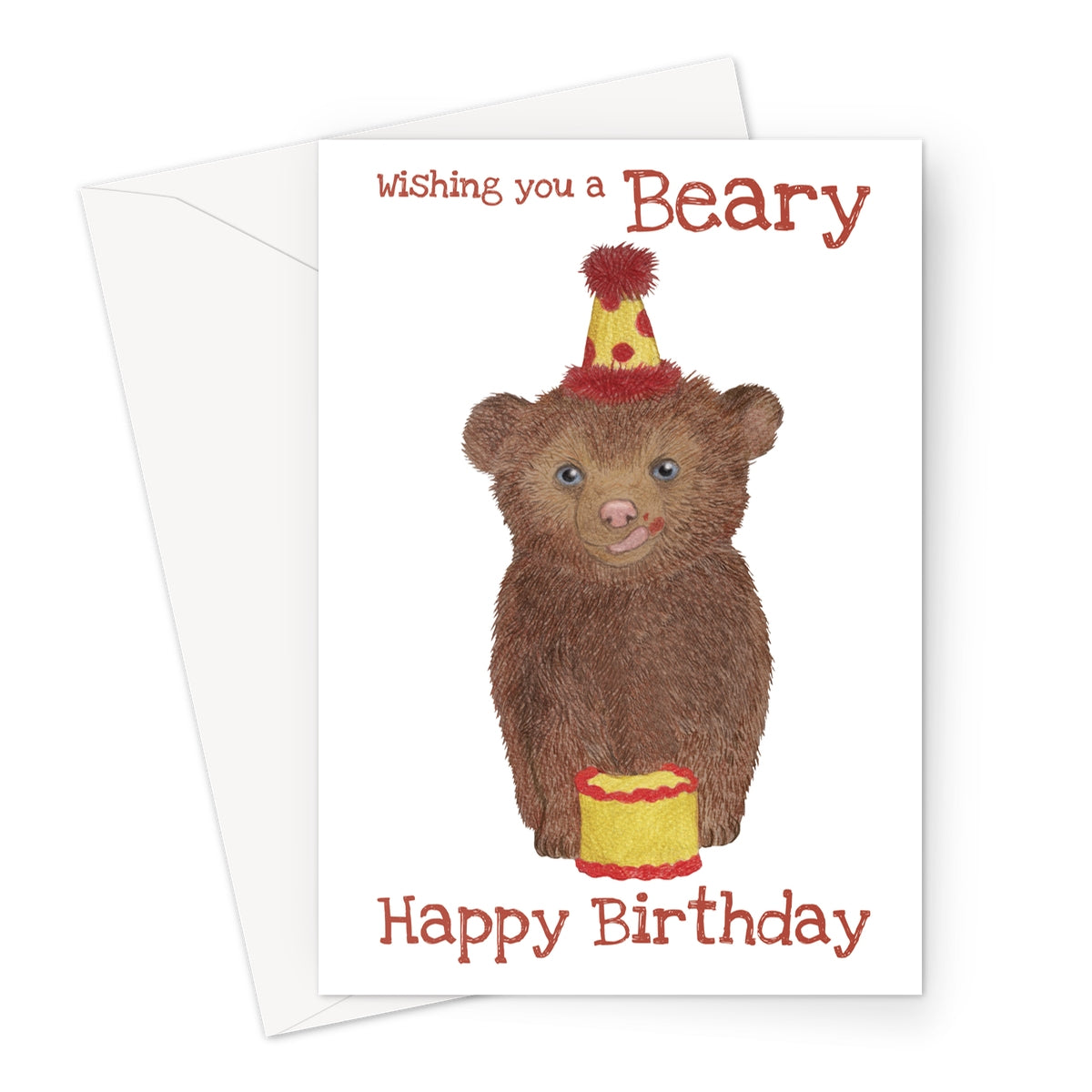 Bear birthday card with cake and “Beary Happy Birthday” text