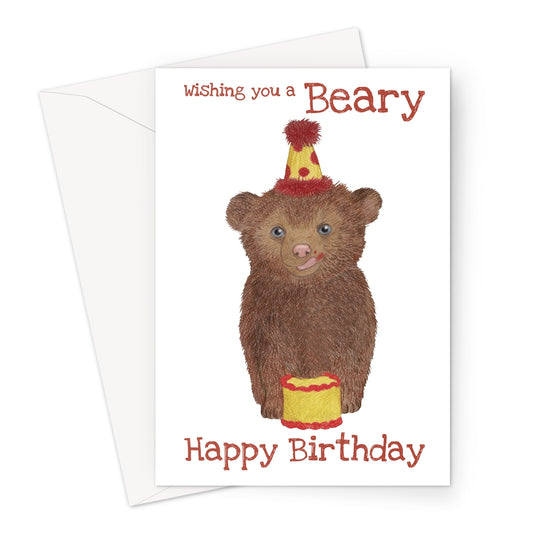 Bear birthday card with cake and “Beary Happy Birthday” text