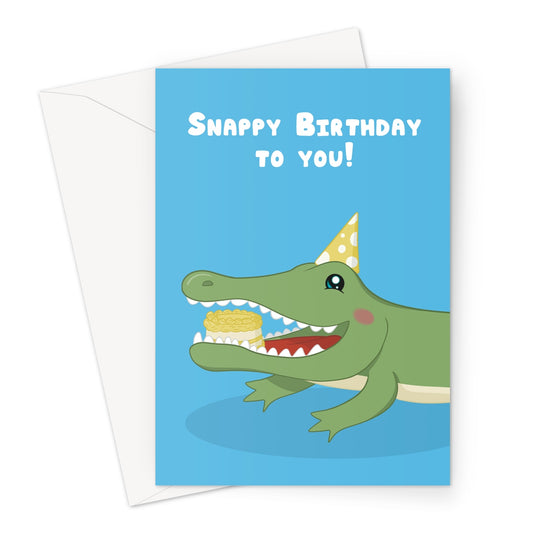 Funny crocodile birthday card wearing a party hat with snappy birthday message and cake on blue background