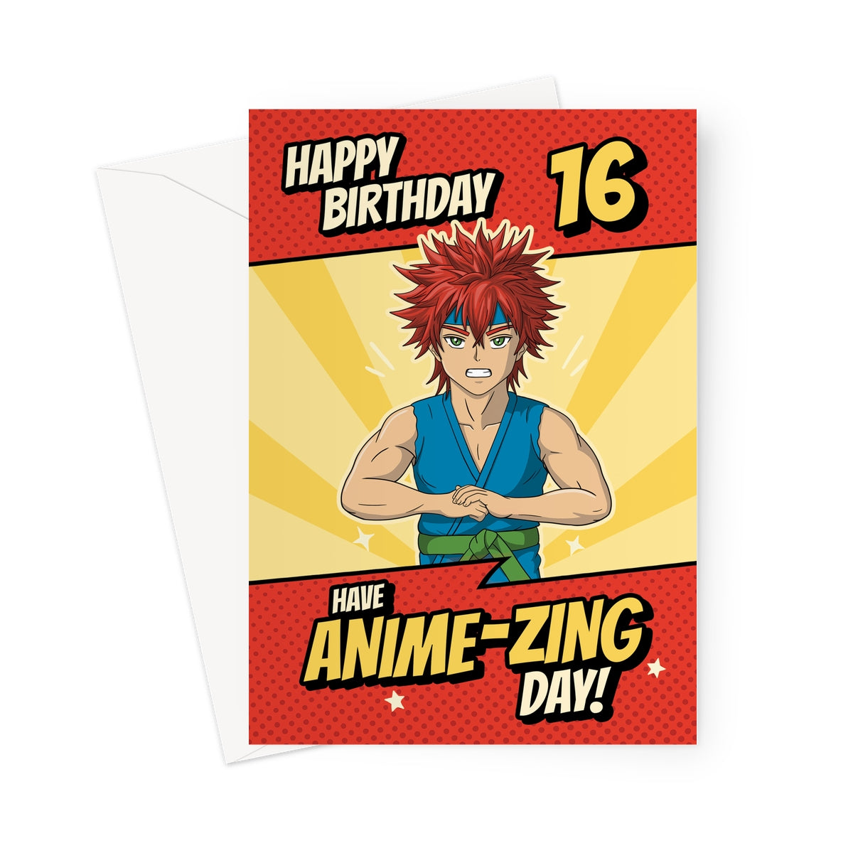 Funny anime 16th birthday card featuring red-haired manga character and text “Happy Birthday 16 – Have an Anime-zing Day!”
