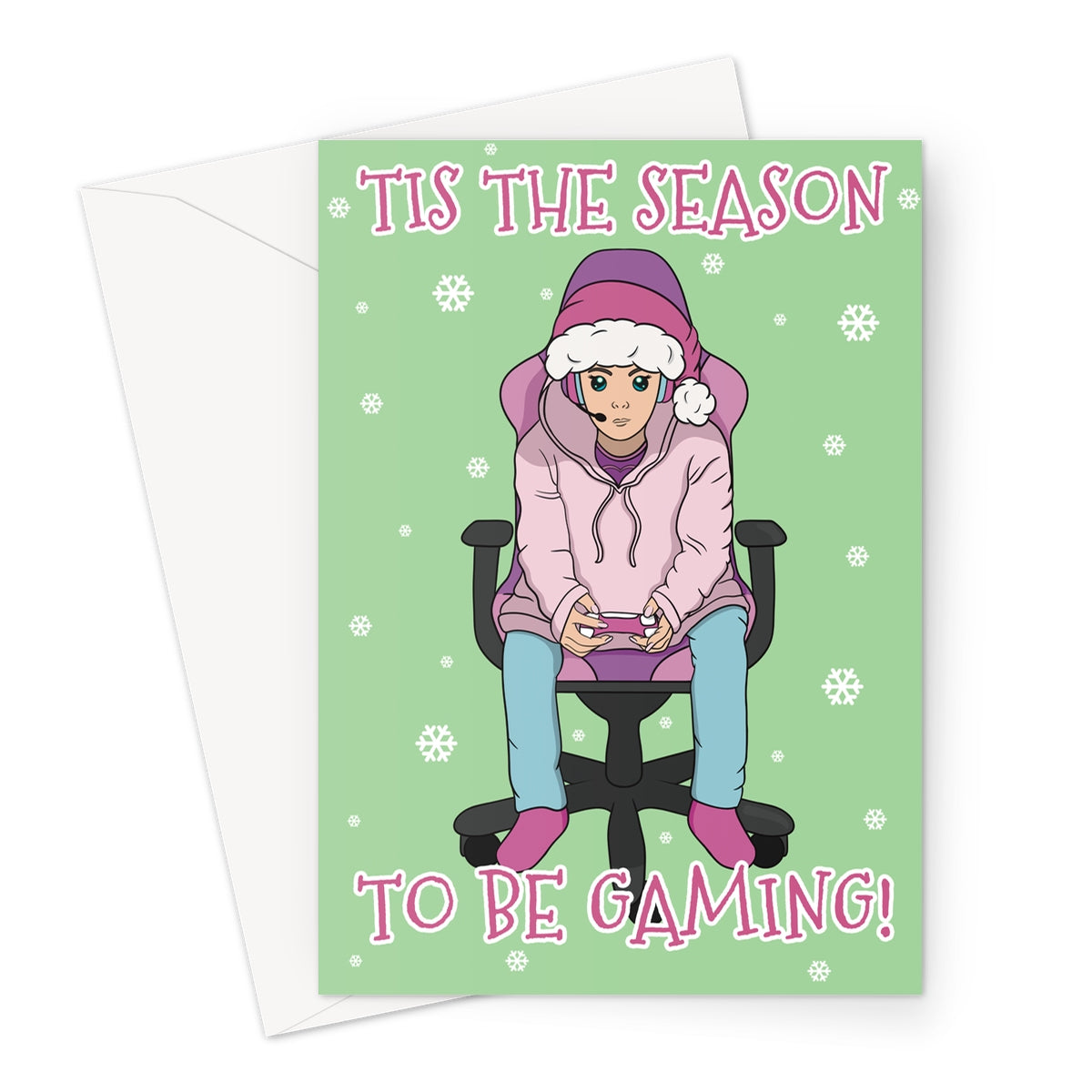 Funny gamer Christmas card featuring a person in a pink hoodie and Santa hat playing video games on a green background with snowflakes and the text “’Tis the Season to Be Gaming!”