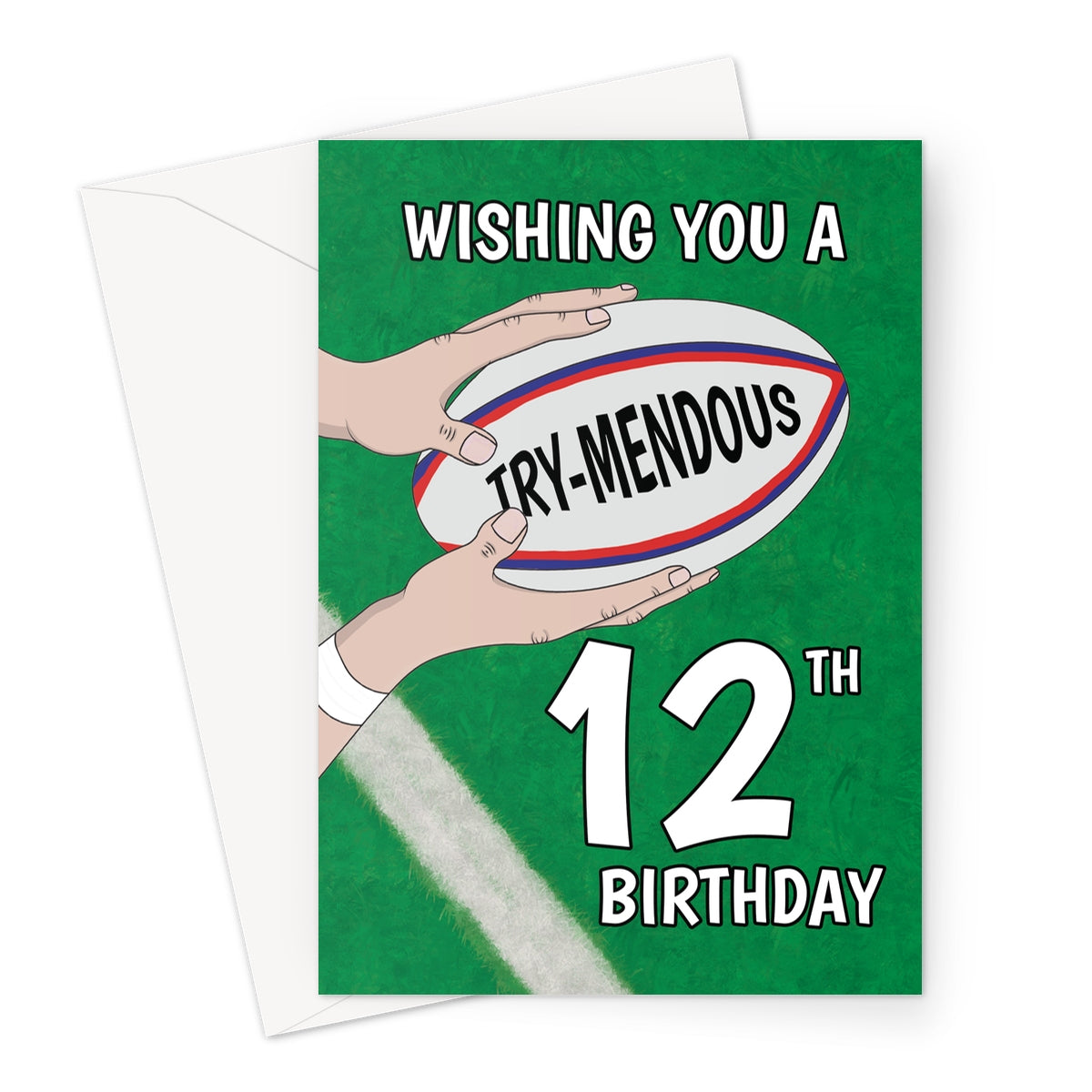 12th rugby birthday card with try-mendous rugby ball design on green pitch