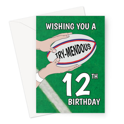 12th rugby birthday card with try-mendous rugby ball design on green pitch