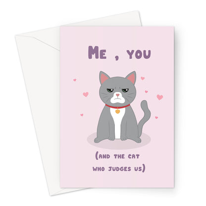 Funny couple greeting card with illustrated grumpy grey cat and hearts on a pink background
