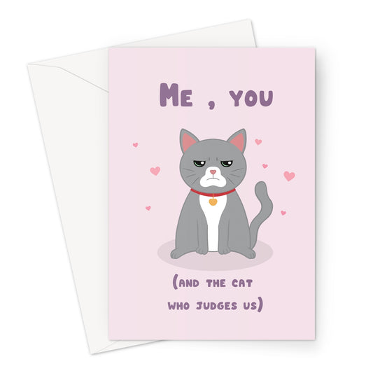 Funny couple greeting card with illustrated grumpy grey cat and hearts on a pink background