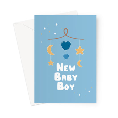 New baby boy greeting card with pastel blue background, hanging moon and star nursery mobile illustration and soft baby design