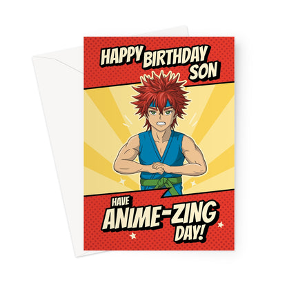 Funny anime birthday card for son with red-haired manga character and text saying “Happy Birthday Son – Have an Anime-zing Day!”